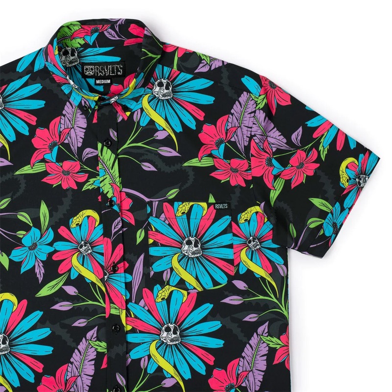 RSVLTS Doom and Bloom KUNUFLEX Short Sleeve Shirt in Black — front view