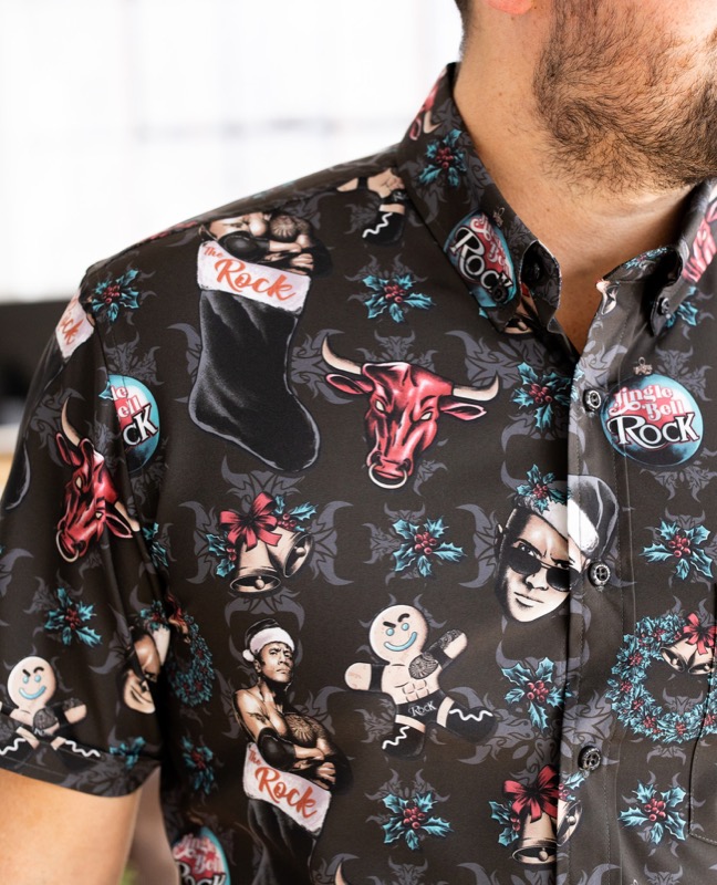 RSVLTS Jingle Bell Rock KUNUFLEX Short Sleeve Shirt in Black — front view