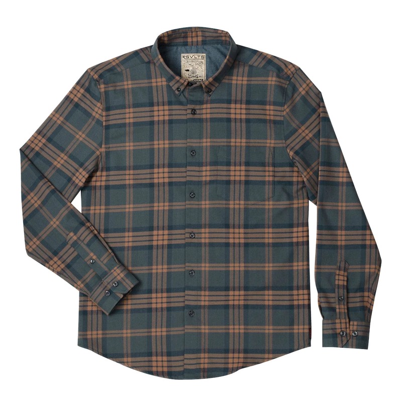 RSVLTS Pedro Plaidscal BorlandFlex Long Sleeve Flannel in Brown — front view