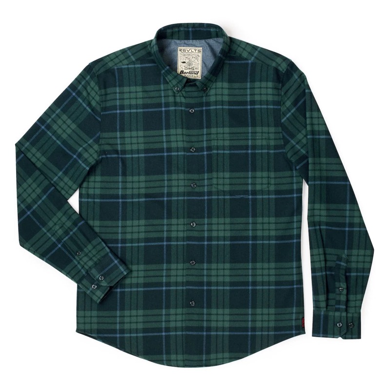 RSVLTS Jean-Plaid Flan Damme BorlandFlex Long Sleeve Flannel in Green — front view