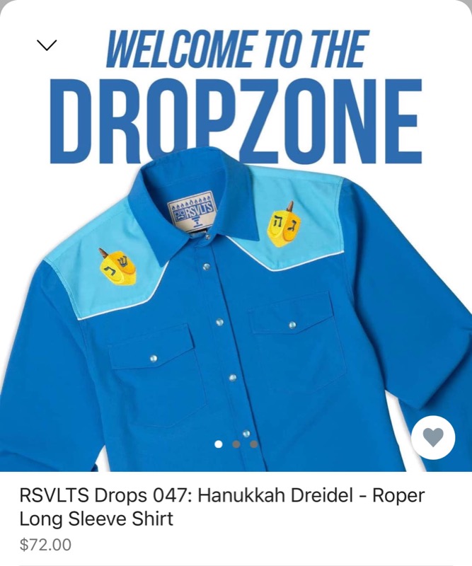 RSVLTS Hanukkah Dreidel Long Sleeve Shirt in Blue — front view