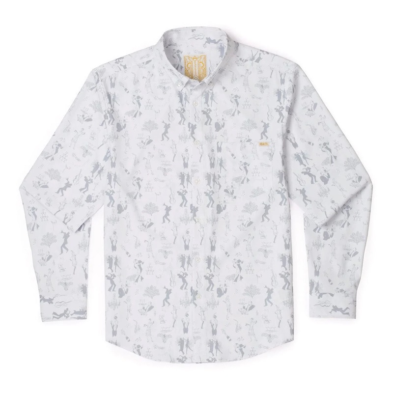 RSVLTS Swingin’ Speakeasy Long Sleeve Shirt in White — front view