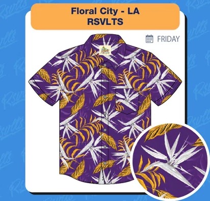 RSVLTS Floral City – Los Angeles 2023 KUNUFLEX Short Sleeve Shirt in Purple — front view
