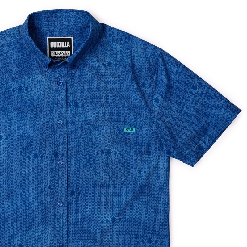RSVLTS Pacific Coast Kaiju KUNUFLEX Short Sleeve Shirt in Blue — front view