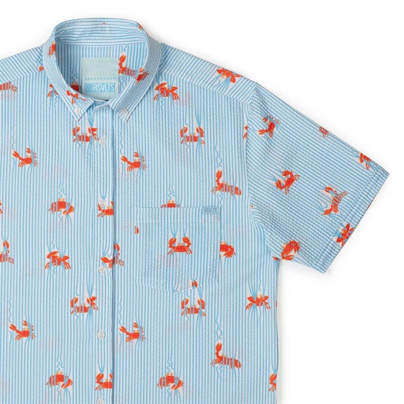 RSVLTS Crabs Stretch Seersucker Short Sleeve Shirt in Blue — front view
