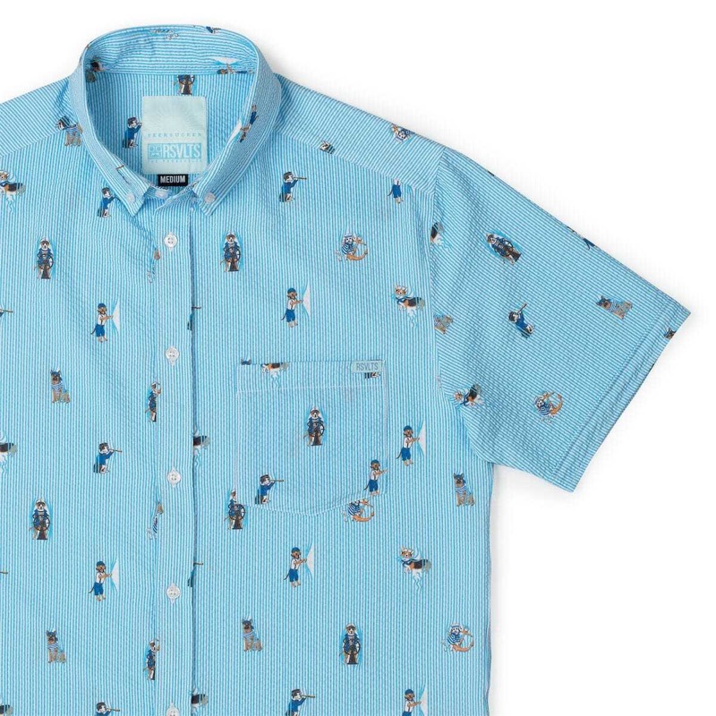 RSVLTS Sea Dogs Stretch Seersucker Short Sleeve Shirt in Blue — front view
