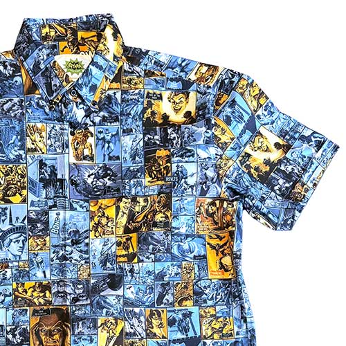 RSVLTS Pow! Boom! Zing! KUNUFLEX Short Sleeve Shirt in Blue — front view