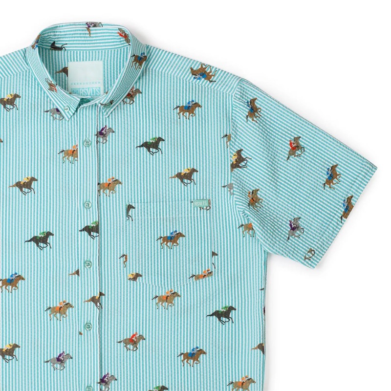 RSVLTS And They’re Off! Stretch Seersucker Short Sleeve Shirt in Blue — front view