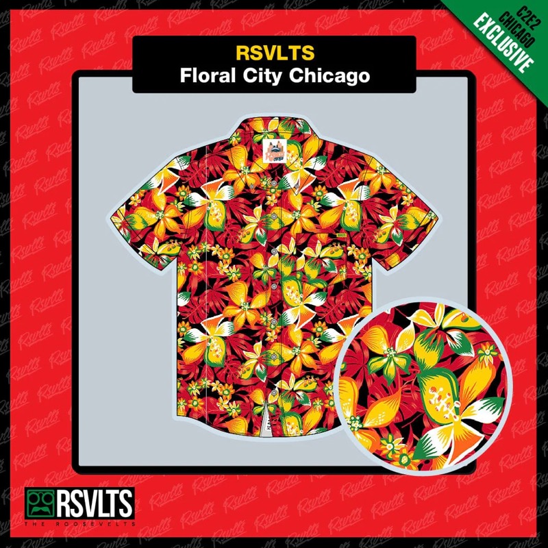 RSVLTS Floral City – Chicago 2024 KUNUFLEX Short Sleeve Shirt in Red — front view