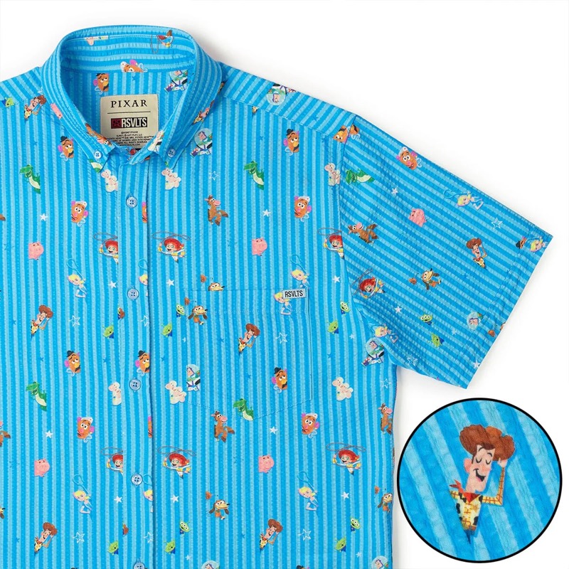 RSVLTS Andy’s Playtime Pals Stretch Seersucker Short Sleeve Shirt in Blue — front view