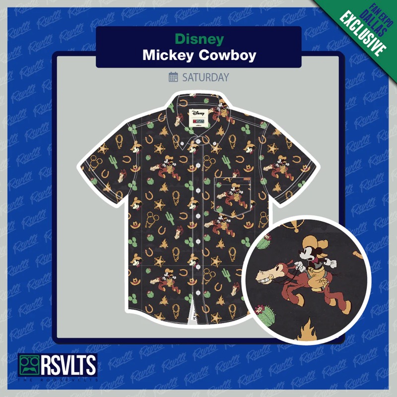 RSVLTS Mickey Cowboy Dallas Fan Expo exclusive KUNUFLEX Short Sleeve Shirt in Blue — front view