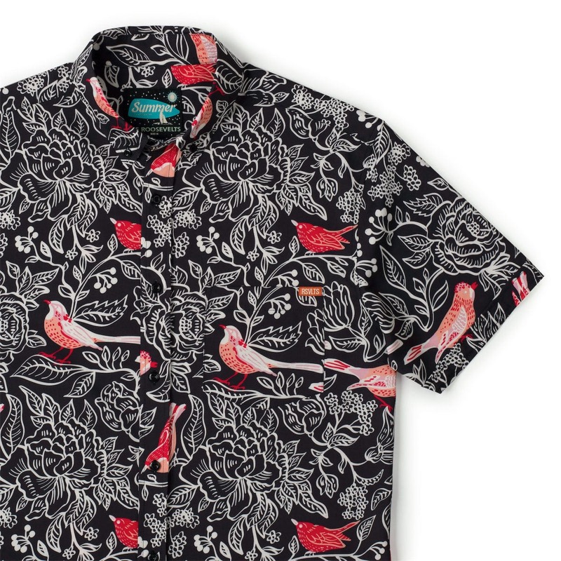 RSVLTS Robins and Roses KUNUFLEX Short Sleeve Shirt in Black — front view