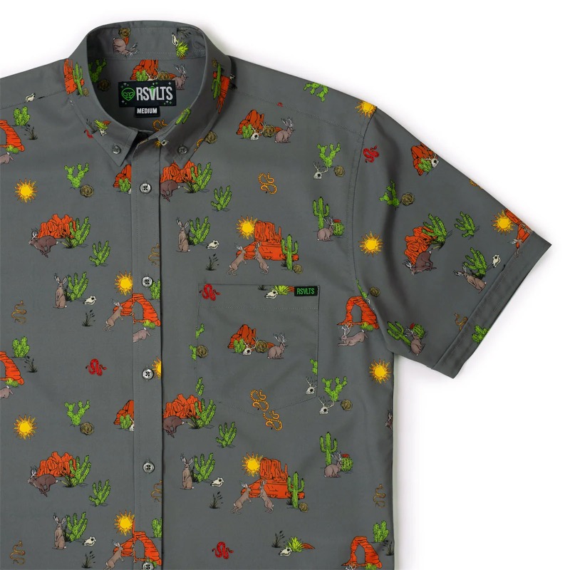 RSVLTS Jumpin’ Jackalopes KUNUFLEX Short Sleeve Shirt in Gray — front view