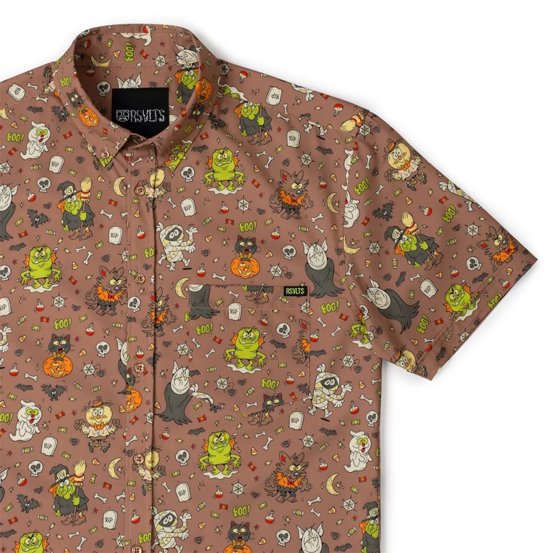 RSVLTS Tiny Terrors KUNUFLEX Short Sleeve Shirt in Brown — front view