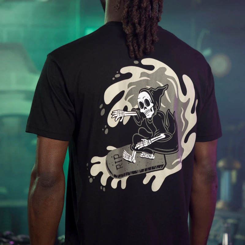 RSVLTS Mighty Reaper Surf Club Crewneck Tee in Black — front view