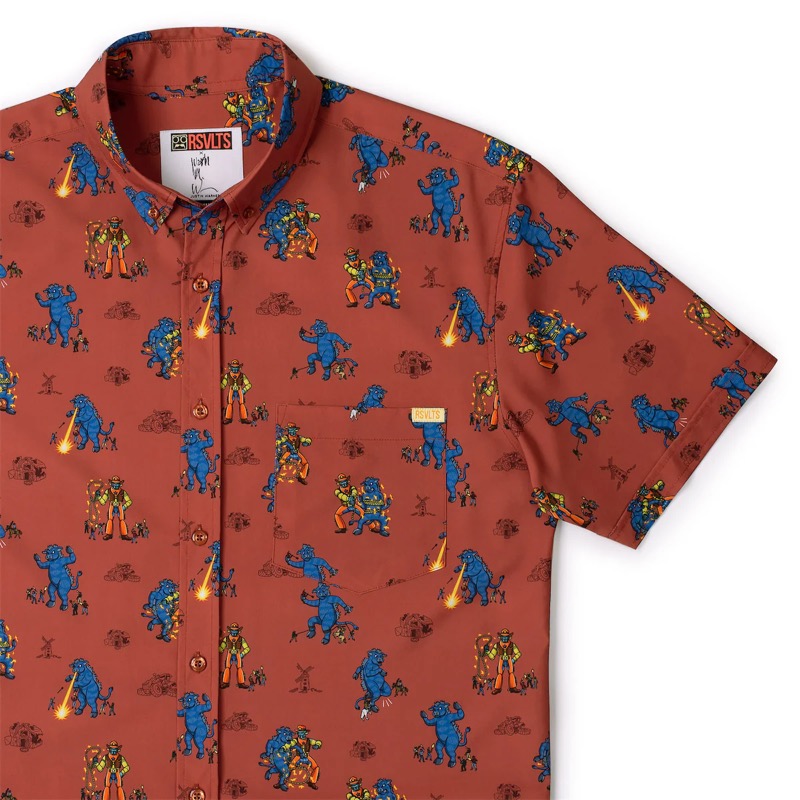 RSVLTS Showdown at the Kaiju Corral KUNUFLEX Short Sleeve Shirt in Brown — front view