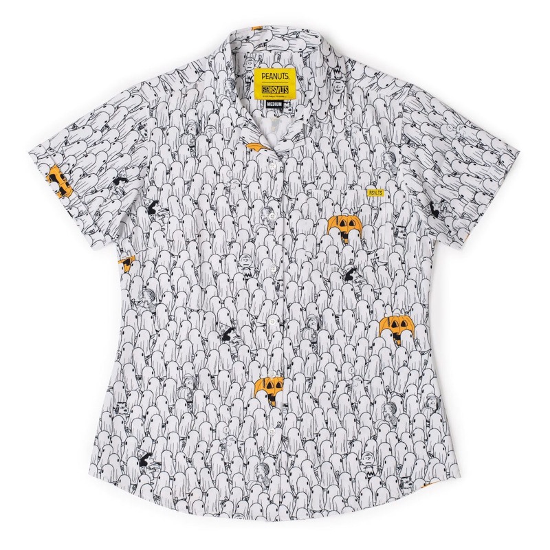RSVLTS Peanuts Patch Women's KUNUFLEX Short Sleeve Shirt in White — front view