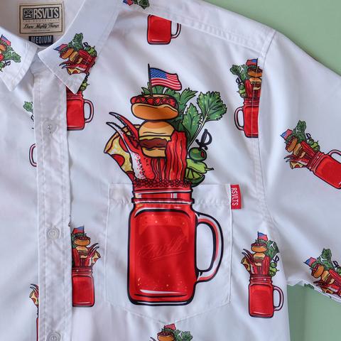RSVLTS Sunday Bloody Sunday KUNUFLEX Short Sleeve Shirt in Blue — front view