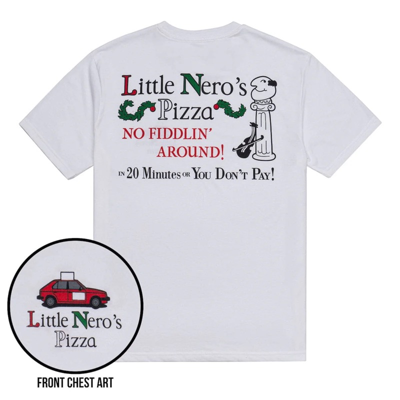 RSVLTS Little Nero’s Pizza Crewneck Tee in White — front view