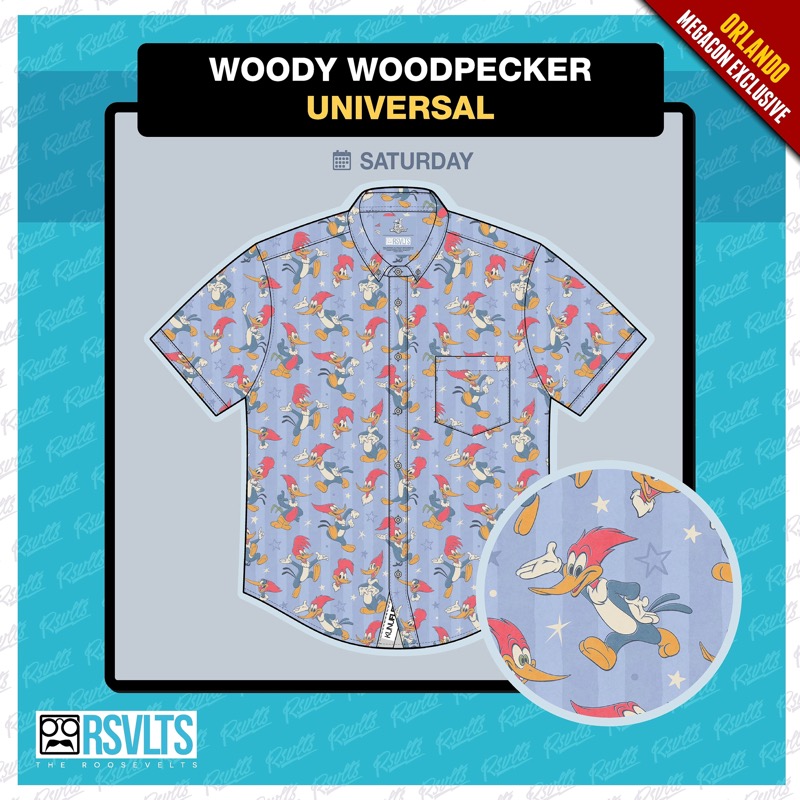 RSVLTS Woody Woodpecker KUNUFLEX Short Sleeve Shirt in Blue — front view
