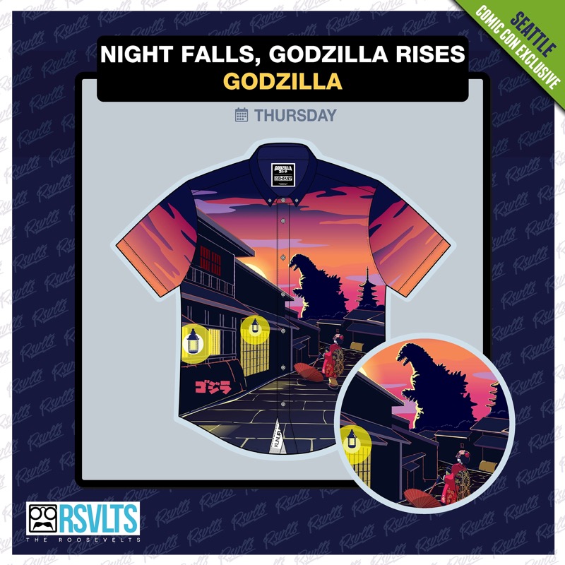 RSVLTS Night Falls, Godzilla Rises KUNUFLEX Short Sleeve Shirt in Multicolor — front view