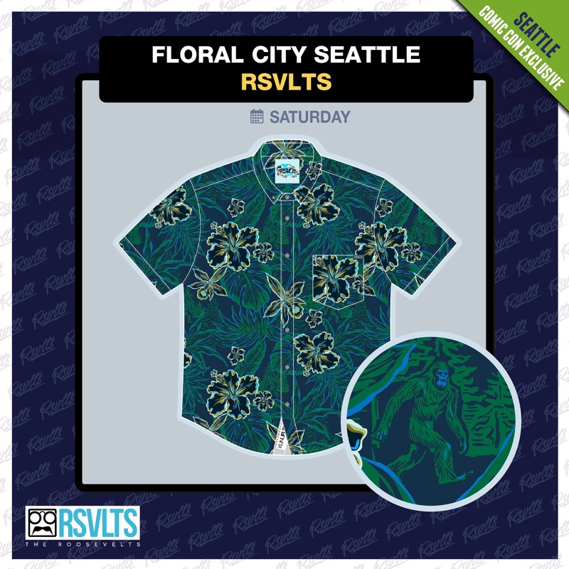 RSVLTS Floral City Seattle 2025 KUNUFLEX Short Sleeve Shirt in Blue — front view