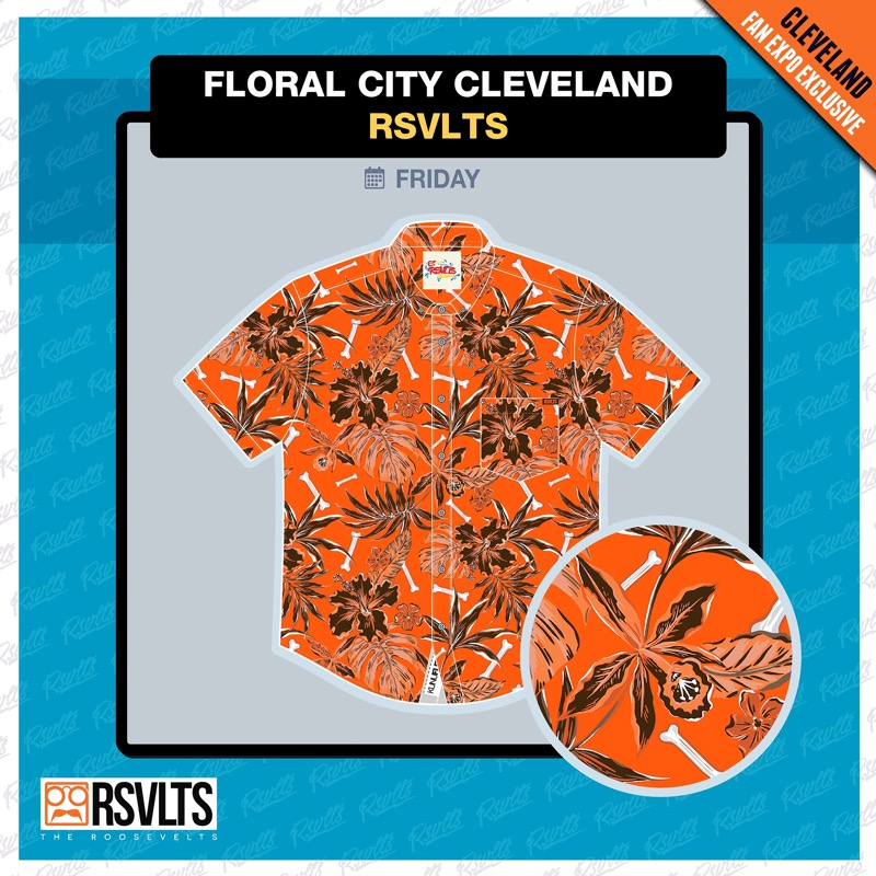RSVLTS Floral City Cleveland 2025 KUNUFLEX Short Sleeve Shirt in Orange — front view