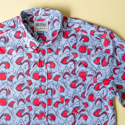 RSVLTS Sharky Shark KUNUFLEX Short Sleeve Shirt in White — front view
