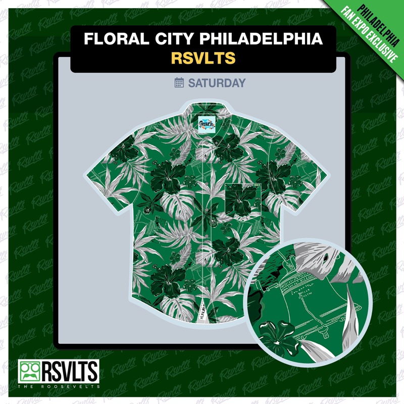 RSVLTS Floral City Philadelphia 2025 KUNUFLEX Short Sleeve Shirt in Green — front view