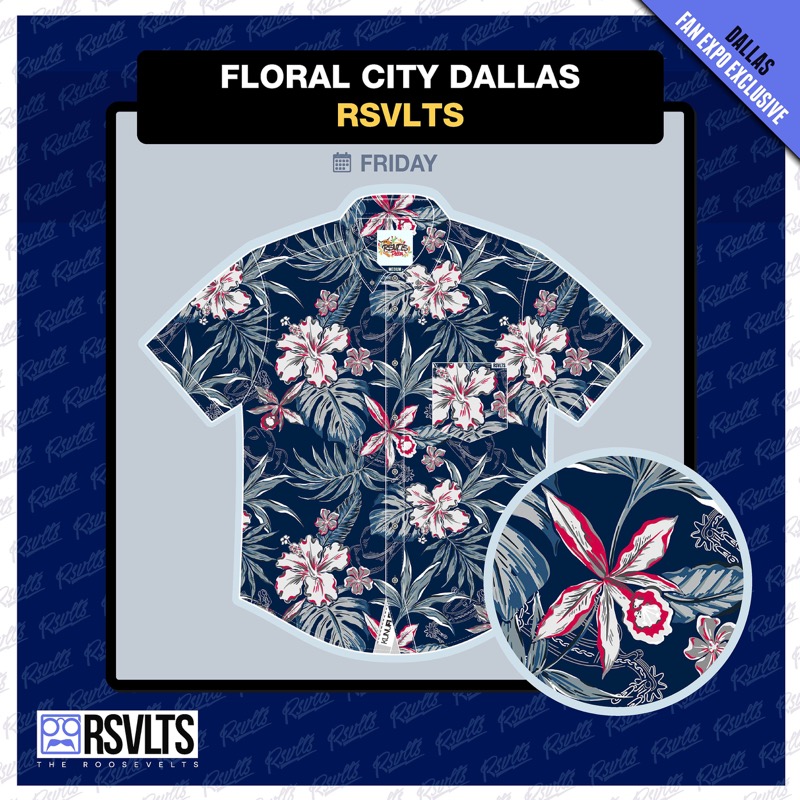 RSVLTS Floral City Dallas 2025 KUNUFLEX Short Sleeve Shirt in Blue — front view
