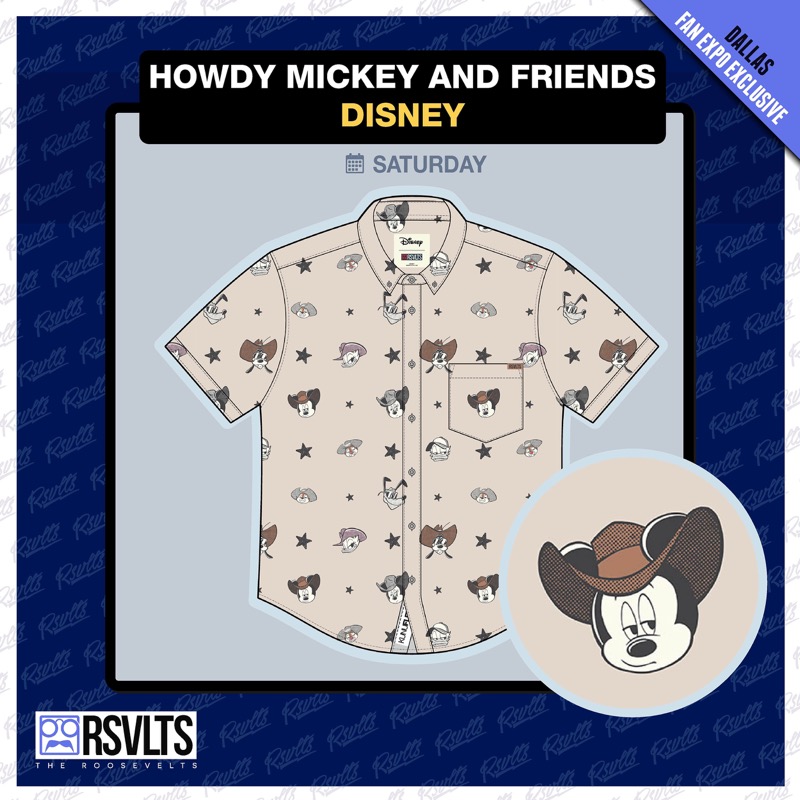RSVLTS Howdy Mickey and Friends KUNUFLEX Short Sleeve Shirt in Brown — front view