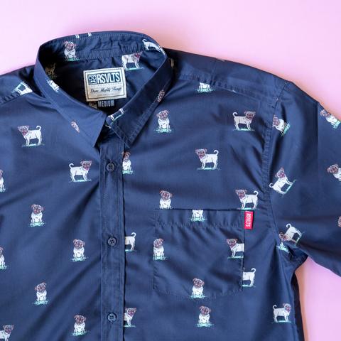 RSVLTS Pugs KUNUFLEX Short Sleeve Shirt in Blue — front view