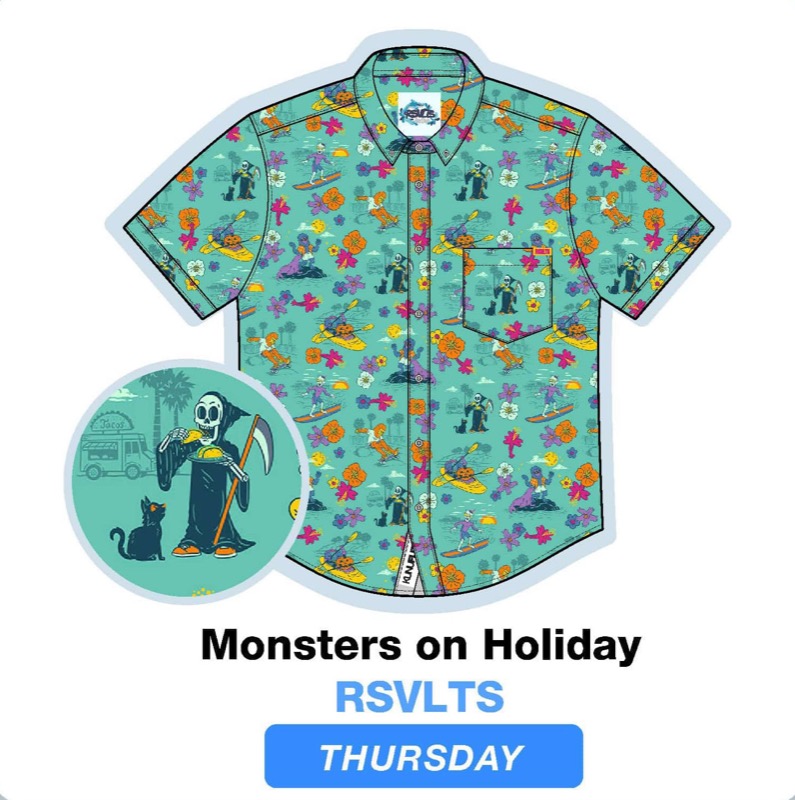 RSVLTS Monsters On Holiday KUNUFLEX Short Sleeve Shirt in Blue — front view