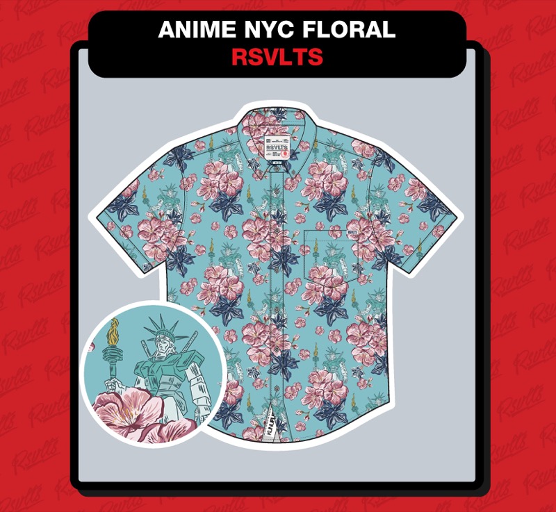 RSVLTS Anime NYC Floral KUNUFLEX Short Sleeve Shirt in Blue — front view