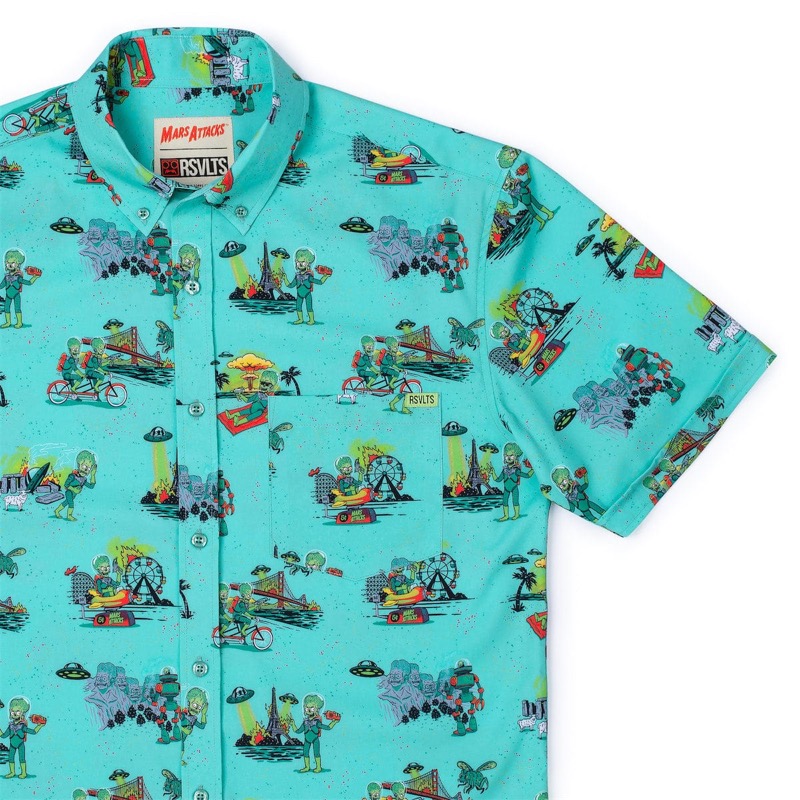 RSVLTS Martian Holiday KUNUFLEX Short Sleeve Shirt in Blue — front view