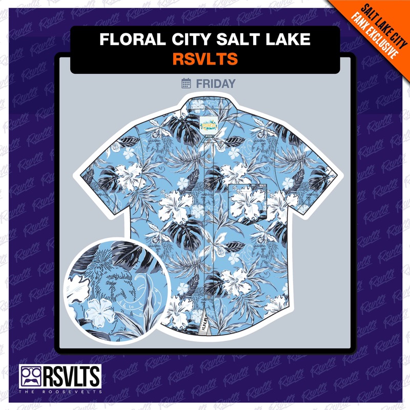 RSVLTS Floral City Salt Lake 2025 KUNUFLEX Short Sleeve Shirt in Blue — front view