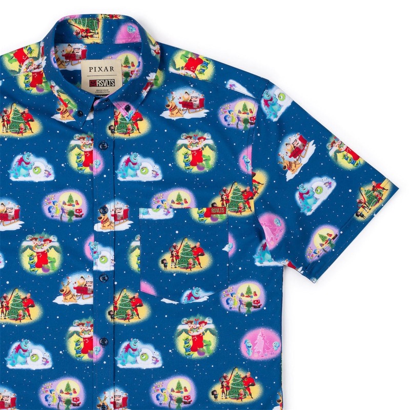 RSVLTS Pixar Perfect Christmas KUNUFLEX Short Sleeve Shirt in Blue — front view