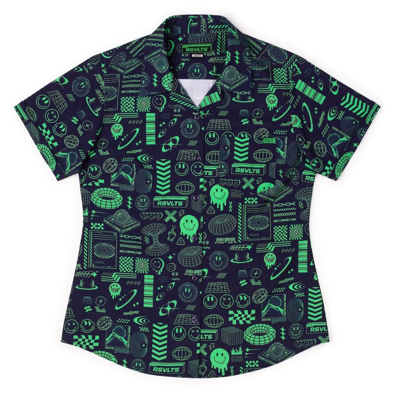 RSVLTS World Wide Widgets women’s cut Women's KUNUFLEX Short Sleeve Shirt in Black — front view