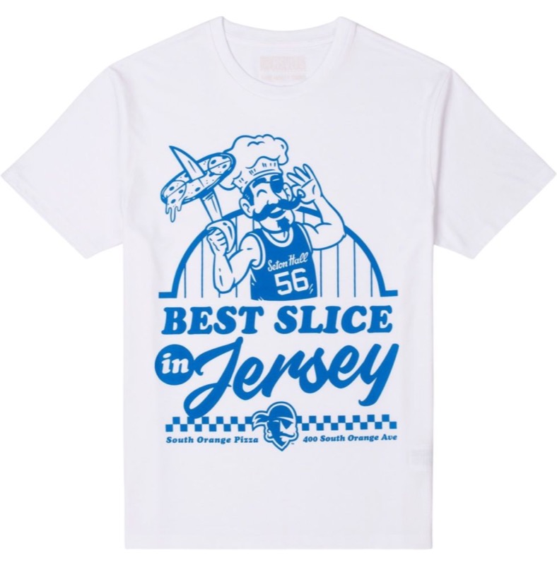 RSVLTS Seton Hall University Jersey Pizza Crewneck Tee in White — front view