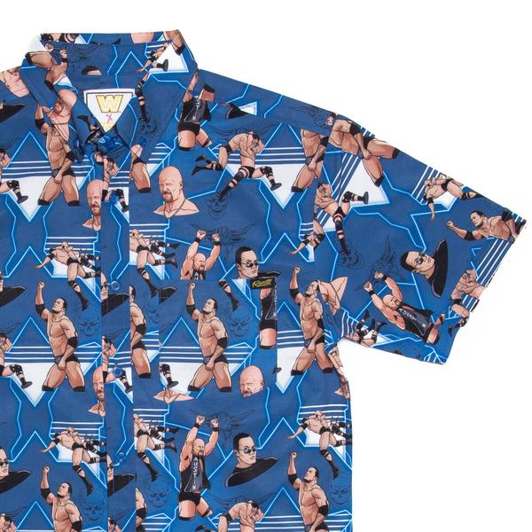 RSVLTS Stone Cold vs. The Rock KUNUFLEX Short Sleeve Shirt in Blue — front view