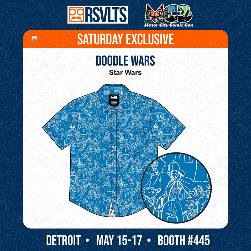 RSVLTS Doodle Wars KUNUFLEX Short Sleeve Shirt in Blue — front view