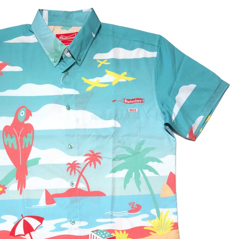 RSVLTS Buds In Paradise KUNUFLEX Short Sleeve Shirt in Blue — front view