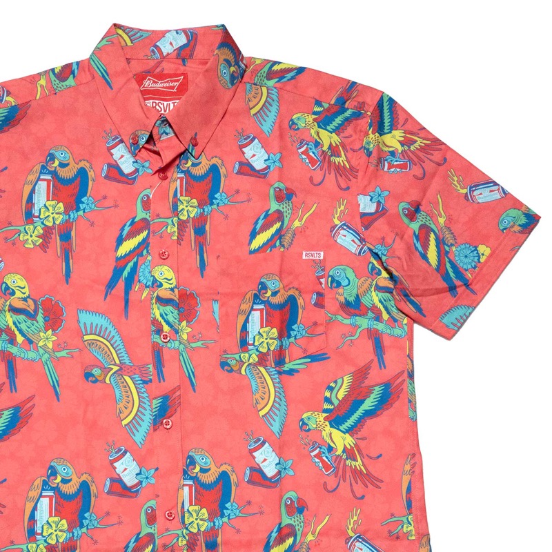 RSVLTS Polly Wanna Crack a Beer? KUNUFLEX Short Sleeve Shirt in Red — front view