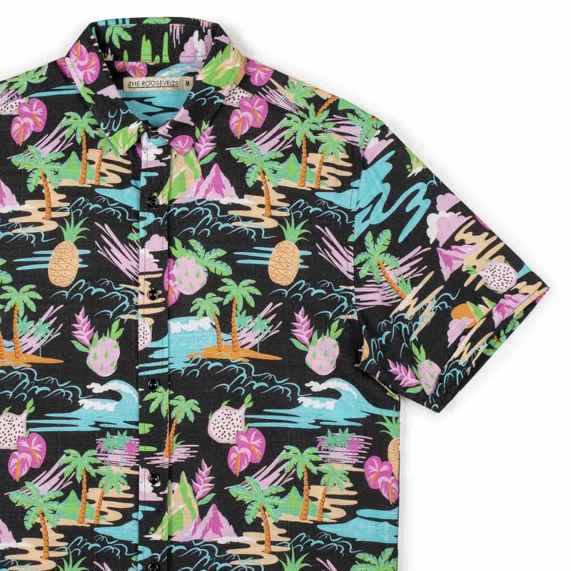 RSVLTS Neon Vacay (Bamboo) KUNUFLEX Short Sleeve Shirt in Black — front view