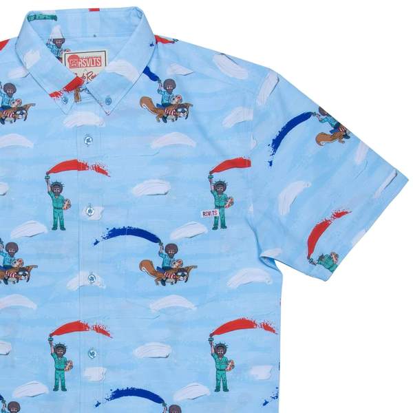 RSVLTS Paintriot KUNUFLEX Short Sleeve Shirt in Blue — front view