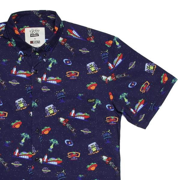 RSVLTS Pizza Planet KUNUFLEX Short Sleeve Shirt in Blue — front view