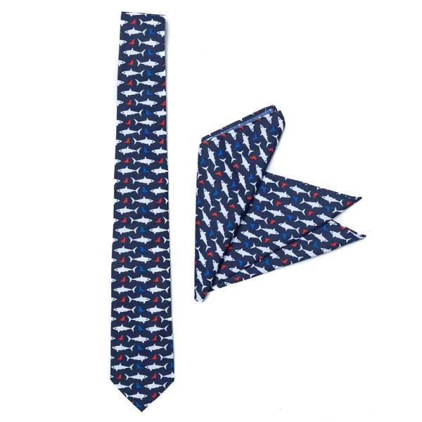 RSVLTS Red, White & Deep Blue Sea Tie & Pocket Square in Blue — front view