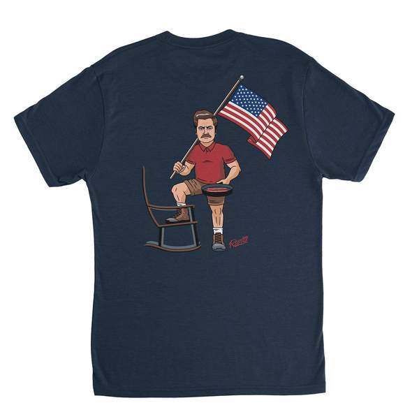 RSVLTS Ron Swanson’s Quality Meats Crewneck Tee in Blue — front view