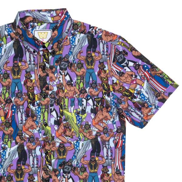 RSVLTS Macho Madness KUNUFLEX Short Sleeve Shirt in Purple — front view