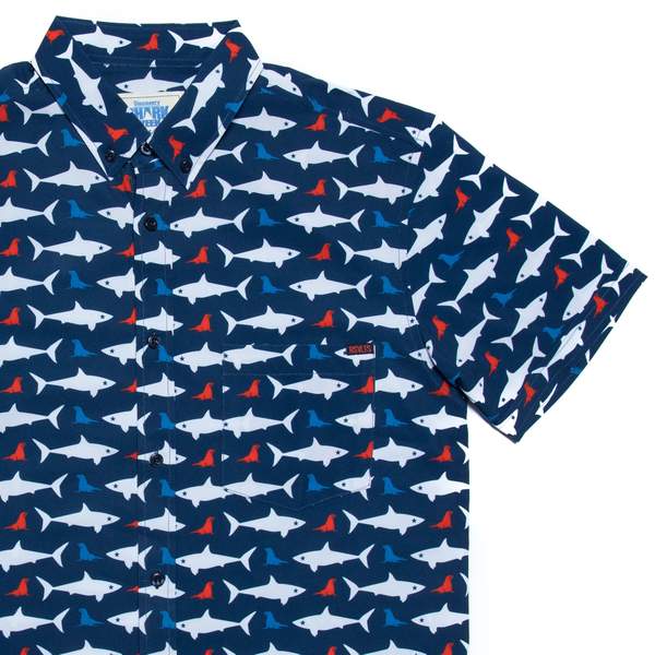 RSVLTS Red, White & Deep Blue Sea KUNUFLEX Short Sleeve Shirt in Blue — front view
